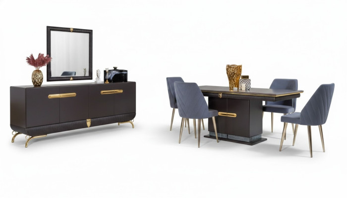 Sala da pranzo in acciaio inossidabile Set da tavola con tavolo da pranzo di design, 4 sedie, credenza 7 pezzi.   Sala da pranzo in acciaio inossidabile, set da tavola con tavolo da pranzo di design, 4 sedie, credenza 7 pezzi.