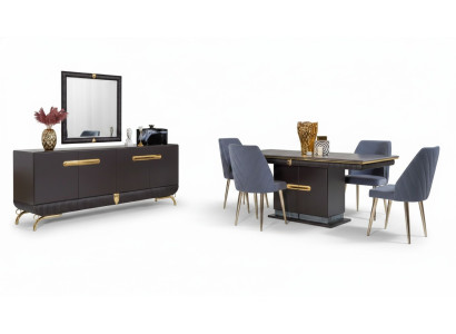 Sala da pranzo in acciaio inossidabile Set da tavola con tavolo da pranzo di design, 4 sedie, credenza 7 pezzi.   Sala da pranzo in acciaio inossidabile, set da tavola con tavolo da pranzo di design, 4 sedie, credenza 7 pezzi.