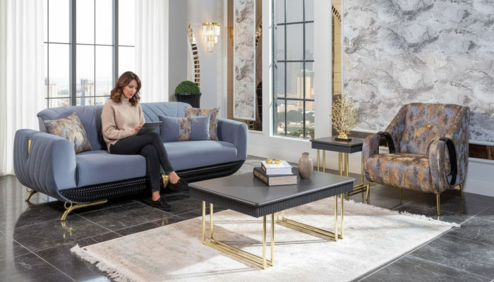Moderni mobili da soggiorno imbottiti Designer poltrona a tre posti blu 4 pezzi