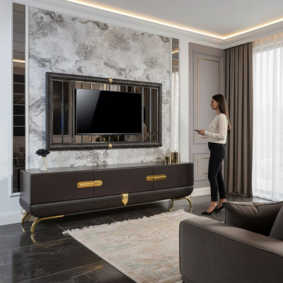 Mobile TV marrone per il soggiorno, cornice TV di design, set di legno di lusso.  Mobile TV marrone per il soggiorno, cornice TV di design, set di legno di lusso.