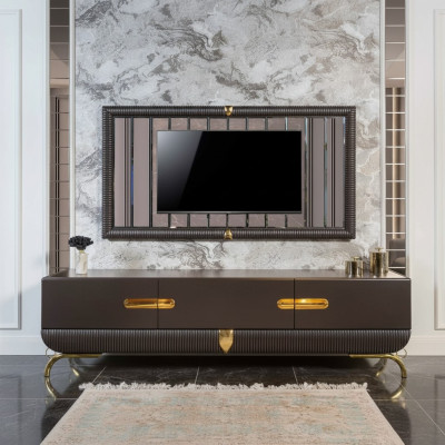Mobile TV marrone per il soggiorno, cornice TV di design, set di legno di lusso.  Mobile TV marrone per il soggiorno, cornice TV di design, set di legno di lusso.