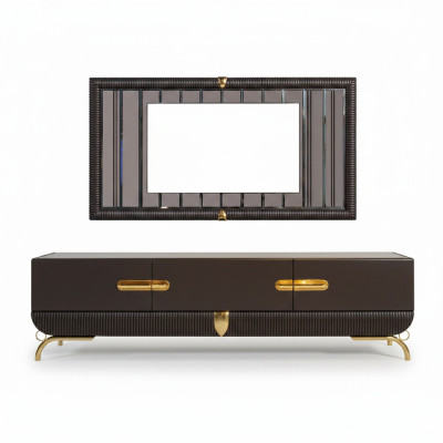 Mobile TV marrone per il soggiorno, cornice TV di design, set di legno di lusso.  Mobile TV marrone per il soggiorno, cornice TV di design, set di legno di lusso.