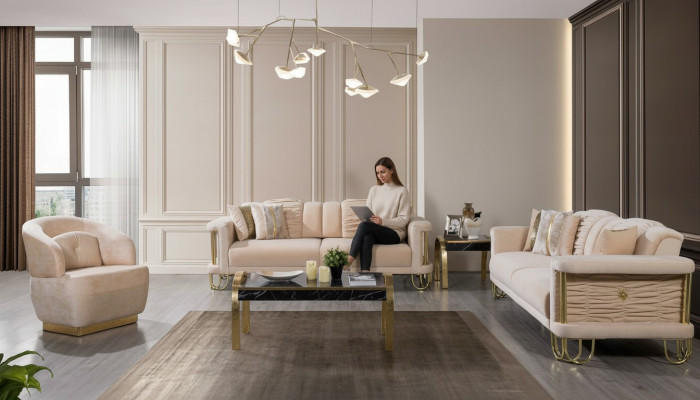 Moderno set di divani beige 3+3+1 posti con poltrona design per mobili.