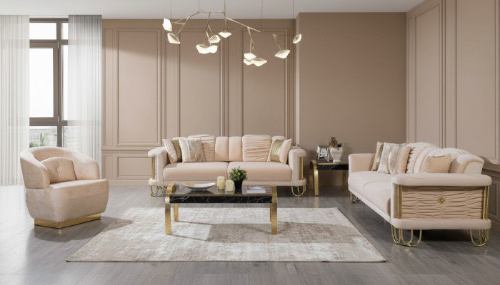 Moderno set di divani beige 3+3+1 posti con poltrona design per mobili.