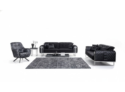 Soggiorno nero, set divano 2 posti con poltrona imbottita di design.