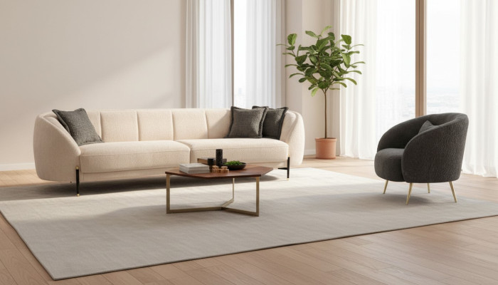 Poltrona moderna, divano imbottito a tre posti beige di alta qualità, design di divani in tessuto nuovi