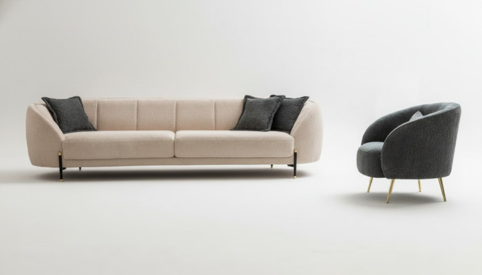 Poltrona moderna, divano imbottito a tre posti beige di alta qualità, design di divani in tessuto nuovi