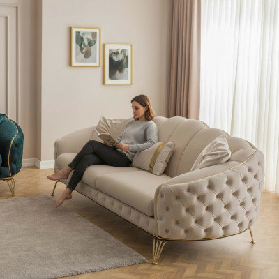 Moderno set di divani Chesterfield colore beige per soggiorno x2 poltrone imbottite a 3 posti