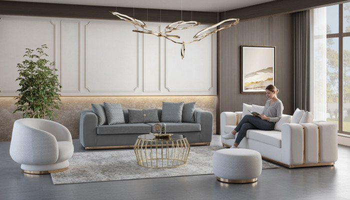 Sofà imbottito per il soggiorno grigio-bianco, poltrone da designer, divano a 4 posti, mobili di lusso.