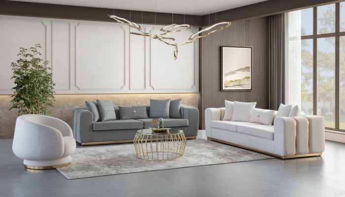 Sofà imbottito per il soggiorno grigio-bianco, poltrone da designer, divano a 4 posti, mobili di lusso.