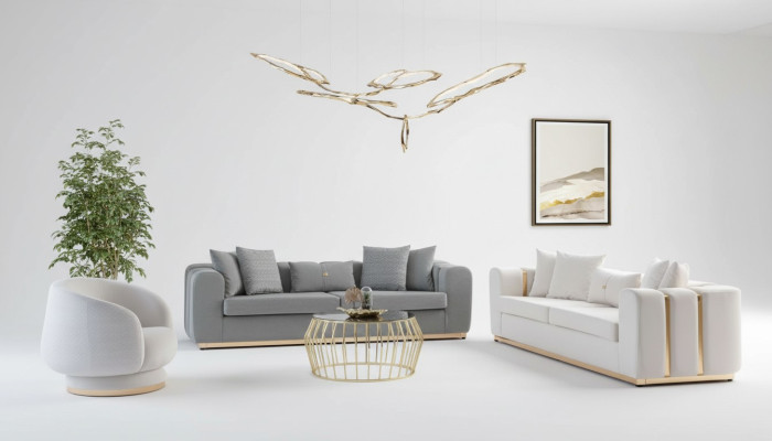 Sofà imbottito per il soggiorno grigio-bianco, poltrone da designer, divano a 4 posti, mobili di lusso.
