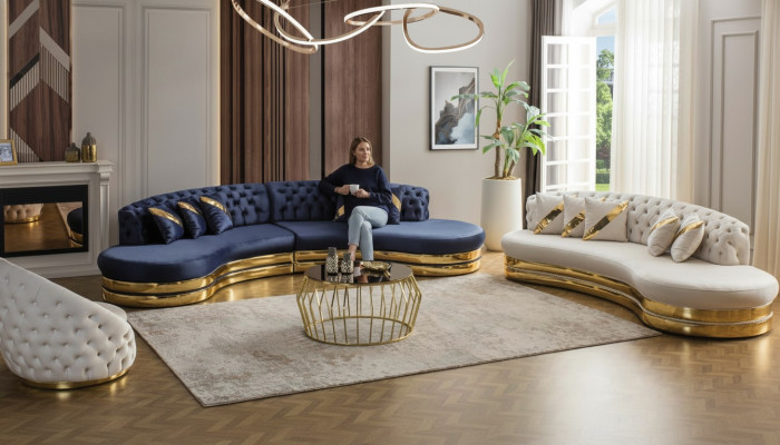 Divani Chesterfield design a semicerchio in acciaio inossidabile, 4 posti più 3 posti a tre posti.