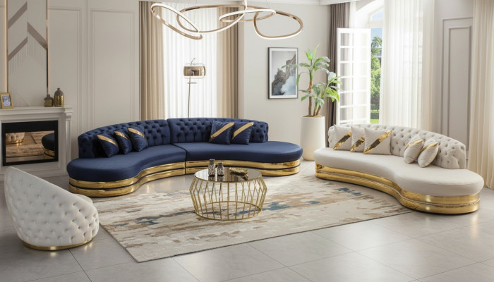 Divani Chesterfield design a semicerchio in acciaio inossidabile, 4 posti più 3 posti a tre posti.