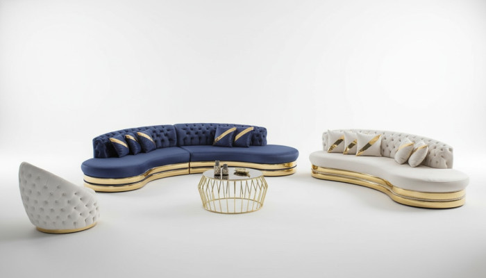 Divani Chesterfield design a semicerchio in acciaio inossidabile, 4 posti più 3 posti a tre posti.