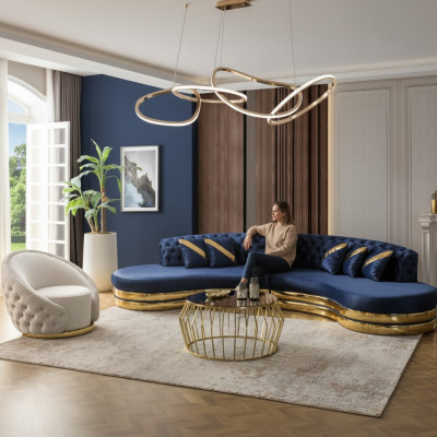 Set di divani imbottiti blu, 2 divani da 4 posti, poltrona, arredamento di lusso per soggiorno.