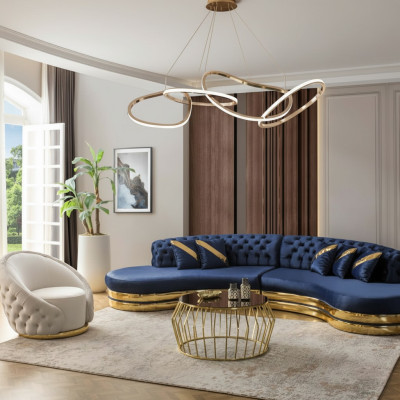 Set di divani imbottiti blu, 2 divani da 4 posti, poltrona, arredamento di lusso per soggiorno.