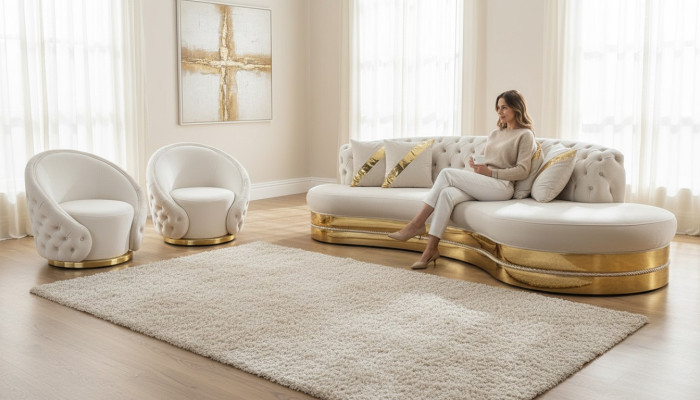 Esclusivo set divano Chesterfield per il soggiorno con divano semicircolare e poltrona.