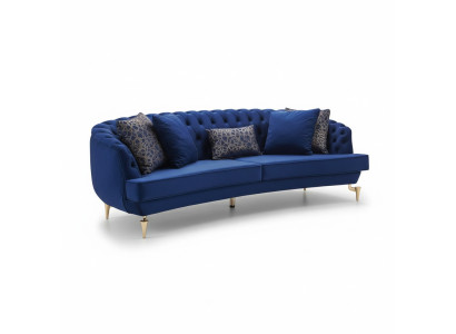 Divano Chesterfield azzurro a 4 posti di design a mezza luna, nuovo e di pregio.
