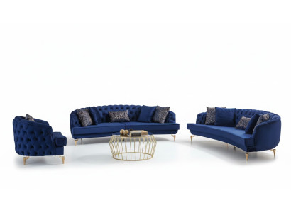 Divano Chesterfield moderno blu in velluto set da salotto imbottito a 4 posti poltrona