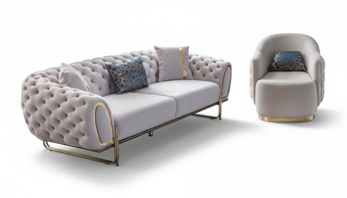 Chesterfield Set divano bianco Elegante divano a 3 posti Poltrona esclusiva 2 pezzi nuovo