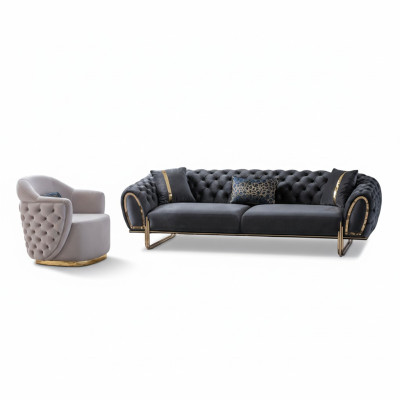 Divano Chesterfield bianco e nero, lussuoso set da soggiorno con divano a 3 posti e poltrona singola.
