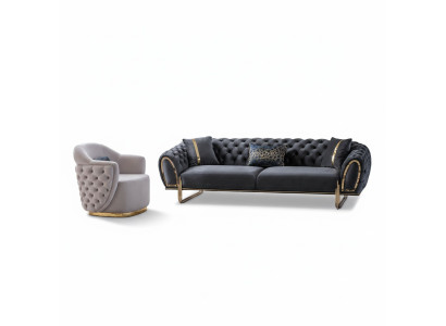Divano Chesterfield bianco e nero, lussuoso set da soggiorno con divano a 3 posti e poltrona singola.
