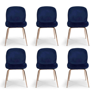 Set da pranzo in tessuto blu con 6 sedie imbottite.   Impostazione di pranzo in tessuto blu con 6 sedie imbottite.