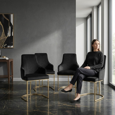 Designer 4 sedie in metallo nero di lusso in acciaio inossidabile imbottito.