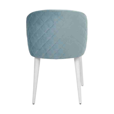 Sedia da pranzo moderna in legno senza braccioli, design nuovo, seduta imbottita blu.