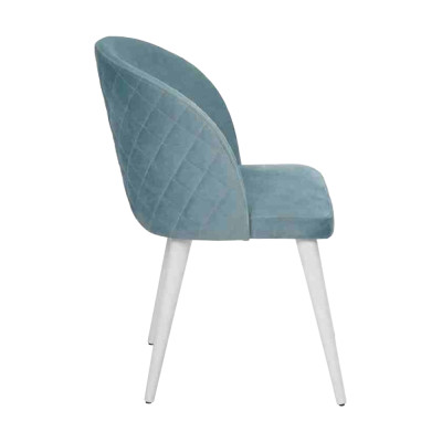 Sedia da pranzo moderna in legno senza braccioli, design nuovo, seduta imbottita blu.