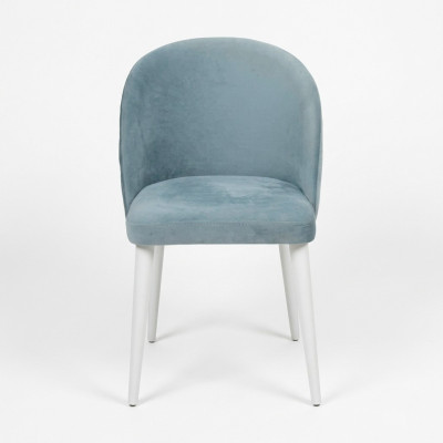 Sedia da pranzo moderna in legno senza braccioli, design nuovo, seduta imbottita blu.