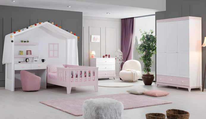 Set completo per la cameretta dei bambini, lettino per bambini con scrivania, comodino bianco.