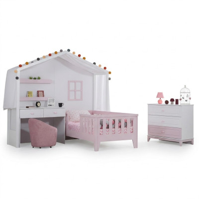 Set completo per la cameretta dei bambini, lettino per bambini con scrivania, comodino bianco.