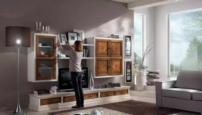 Mobili in legno italiani, credenza da designer, parete attrezzata, parete per soggiorno.