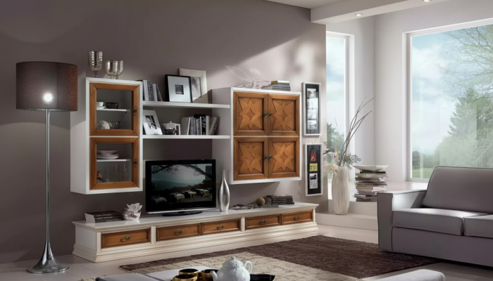 Mobili in legno italiani, credenza da designer, parete attrezzata, parete per soggiorno.