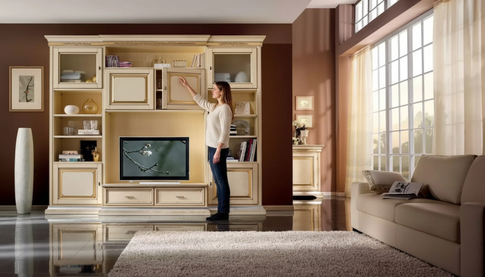 Mobile classico da soggiorno con parete porta TV, mobiletto e parete nuova armadio living.