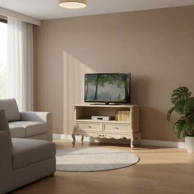 Mobile porta tv design in legno beige per soggiorno con ripiani, nuovo.