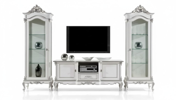 Set soggiorno con mensola da parete, supporto TV, parete attrezzata, 2 vetrine design 3 pezzi. Nuovo