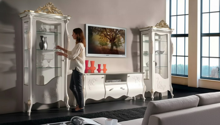 Soggiorno classico parete 2x vetrina credenza tavolino TV scaffale 3 pezzi.