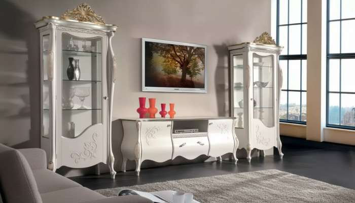 Soggiorno classico parete 2x vetrina credenza tavolino TV scaffale 3 pezzi.