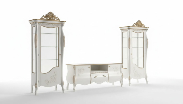 Soggiorno classico parete 2x vetrina credenza tavolino TV scaffale 3 pezzi.