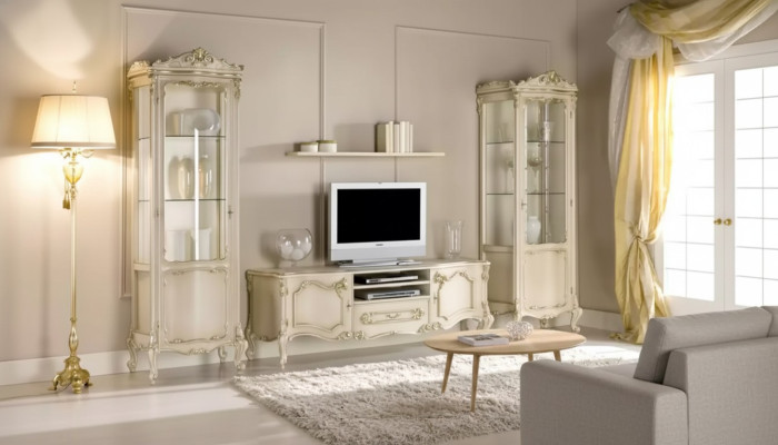 Set soggiorno parete attrezzata gruppo mobile basso vetrina 4 pezzi legno mobile scaffale.