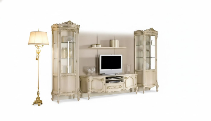Set soggiorno parete attrezzata gruppo mobile basso vetrina 4 pezzi legno mobile scaffale.