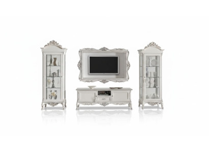 Mobile porta TV con 2 vetrine e cornice per TV, set di 4 pezzi. Stile classico bianco.