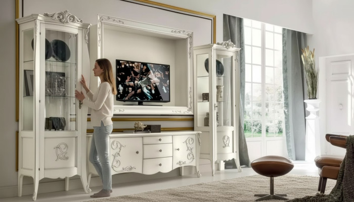 Stile classico Bianco Affetto Scrittoio 2x Vetrina Cornice TV Gruppo Nuovo
