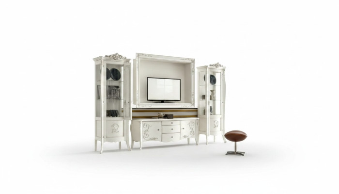 Stile classico Bianco Affetto Scrittoio 2x Vetrina Cornice TV Gruppo Nuovo