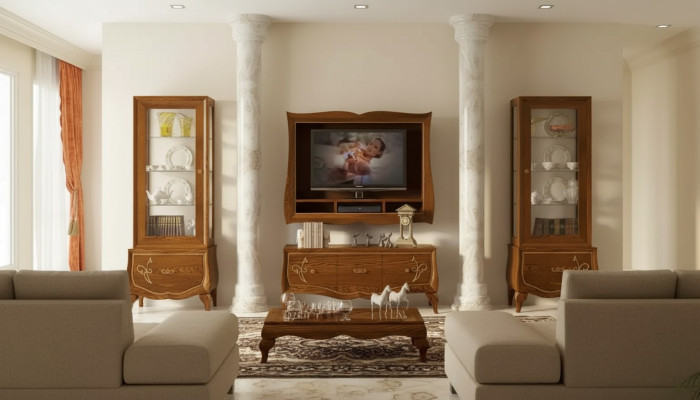 Mobile porta TV con cornice TV e 2 vetrine marroni, set soggiorno 4 pezzi