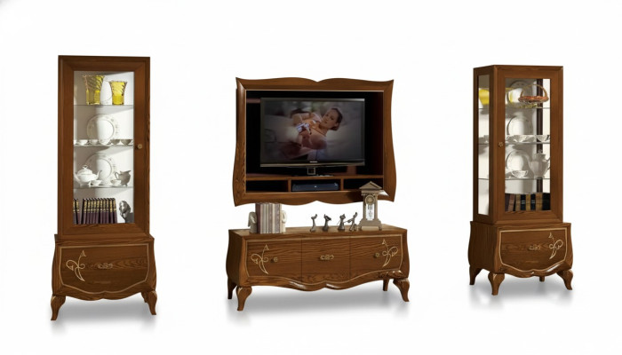 Mobile porta TV con cornice TV e 2 vetrine marroni, set soggiorno 4 pezzi