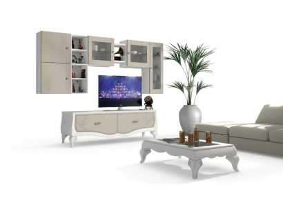 Soggiorno di lusso: set composto da mobile parete, vetrina, mobile tv e mensole a muro, 5 pezzi nuovo.