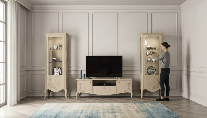 Soggiorno vetrina rtv credenza scaffale lusso soggiorno beige set 3 pezzi.